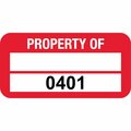 Lustre-Cal PROPERTY OF Label, Polyester Dark Red 1.50in x 0.75in  1 Blank Pad & Serialized 0401-0500, 100PK 253772Pe2Rd0401